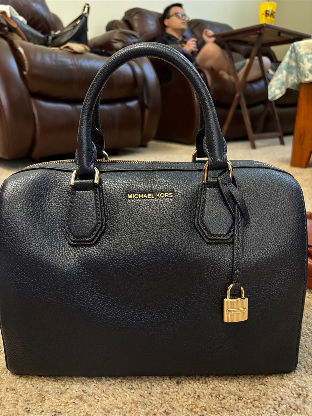 Michael Kors Black Pebbled Leather Dome Satchel with Gold Hardware
